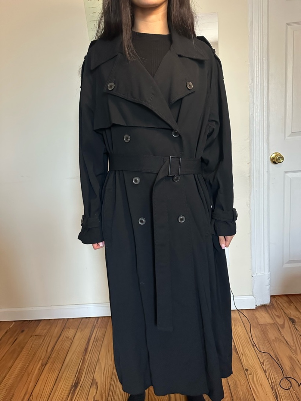 Zara - Classic Black Trench Coat - Women's Long Double-Breasted Jacket